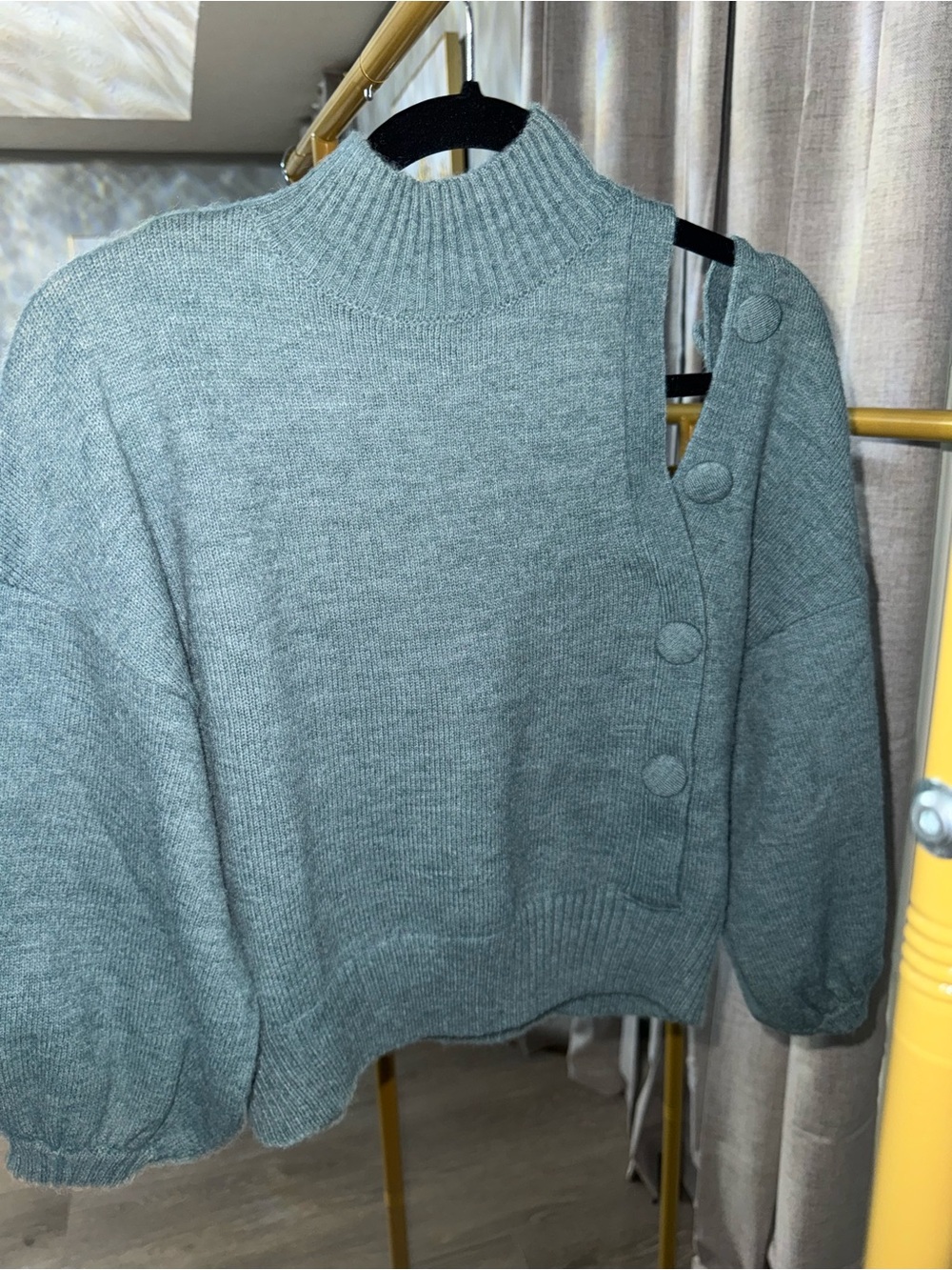 Mock Neck Button-Accent Women's Sweater in Sage Green